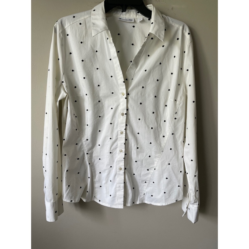 New York & Company 7th Avenue White Black Polka Dot Button Down Shirt Large